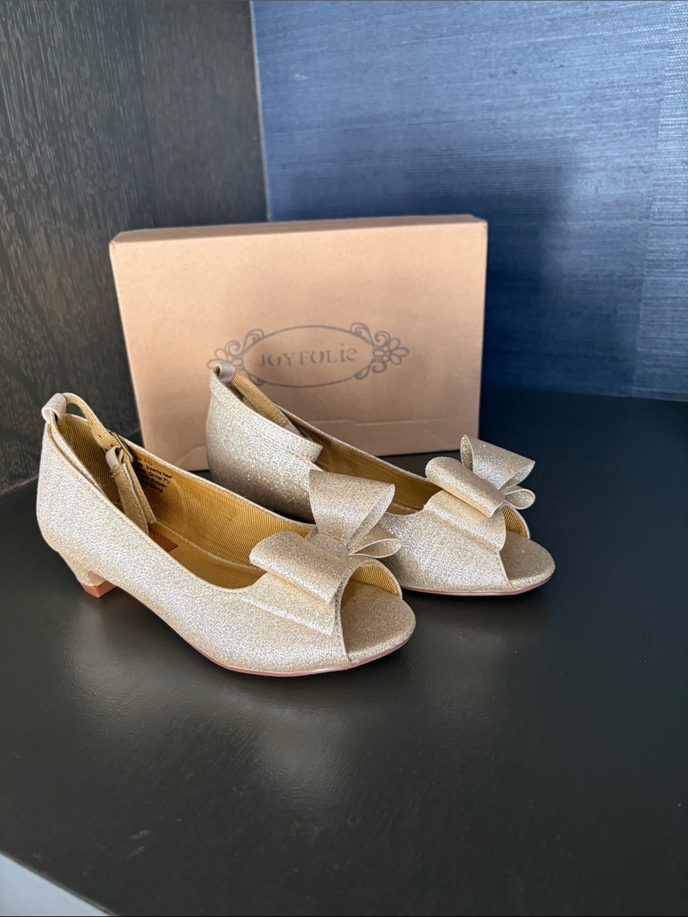 Joyfolie Gold Glitter Peep Toe Bow Heels for Girls